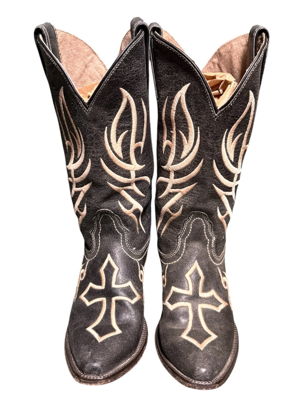 Vintage Justin Black Leather Western Cowboy Boots with Cream Cross Inlay